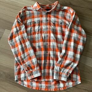 Kavu Orange Grey White Plaid Flannel Button Up Shirt